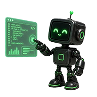 Illustration of an AI assistant beside a glowing interface panel.