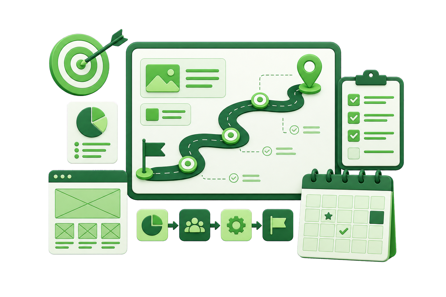 Planning illustration with roadmap, checklist, calendar, and workflow elements.